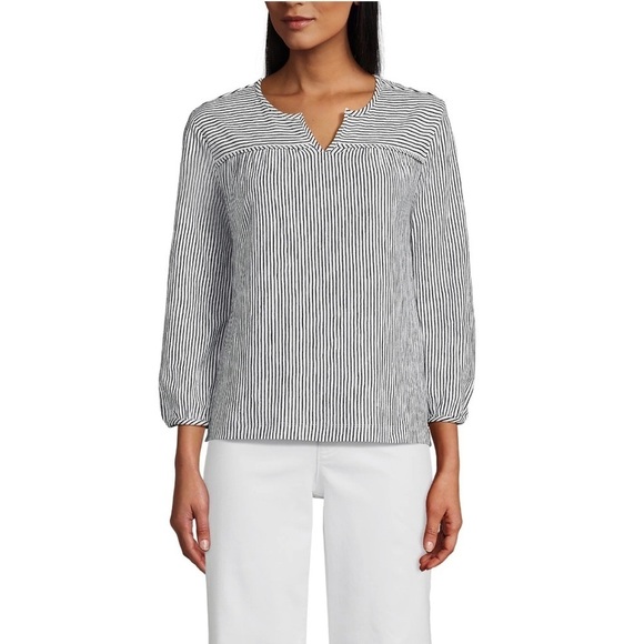 NWT Lands’ End Women’s 3/4 Sleeve Slub Top White/Black Stripe Size X-Small - Picture 1 of 11